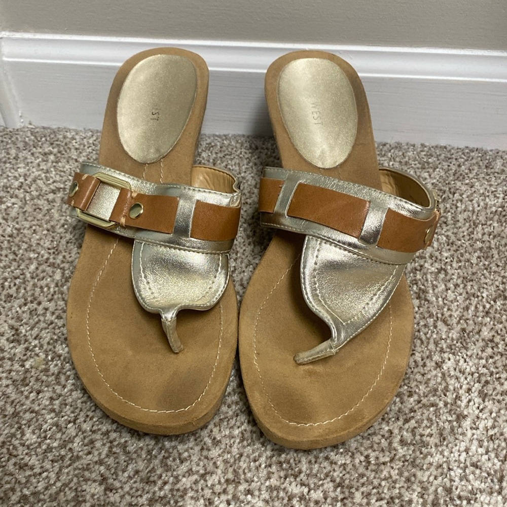 Nine West brown, tan and gold wedge sandal, size 10